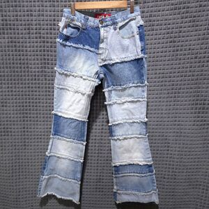 Y2K Distressed Bellbottom Jeans Sz5 29x32 High Rise Flare Tiered Festival Hippie